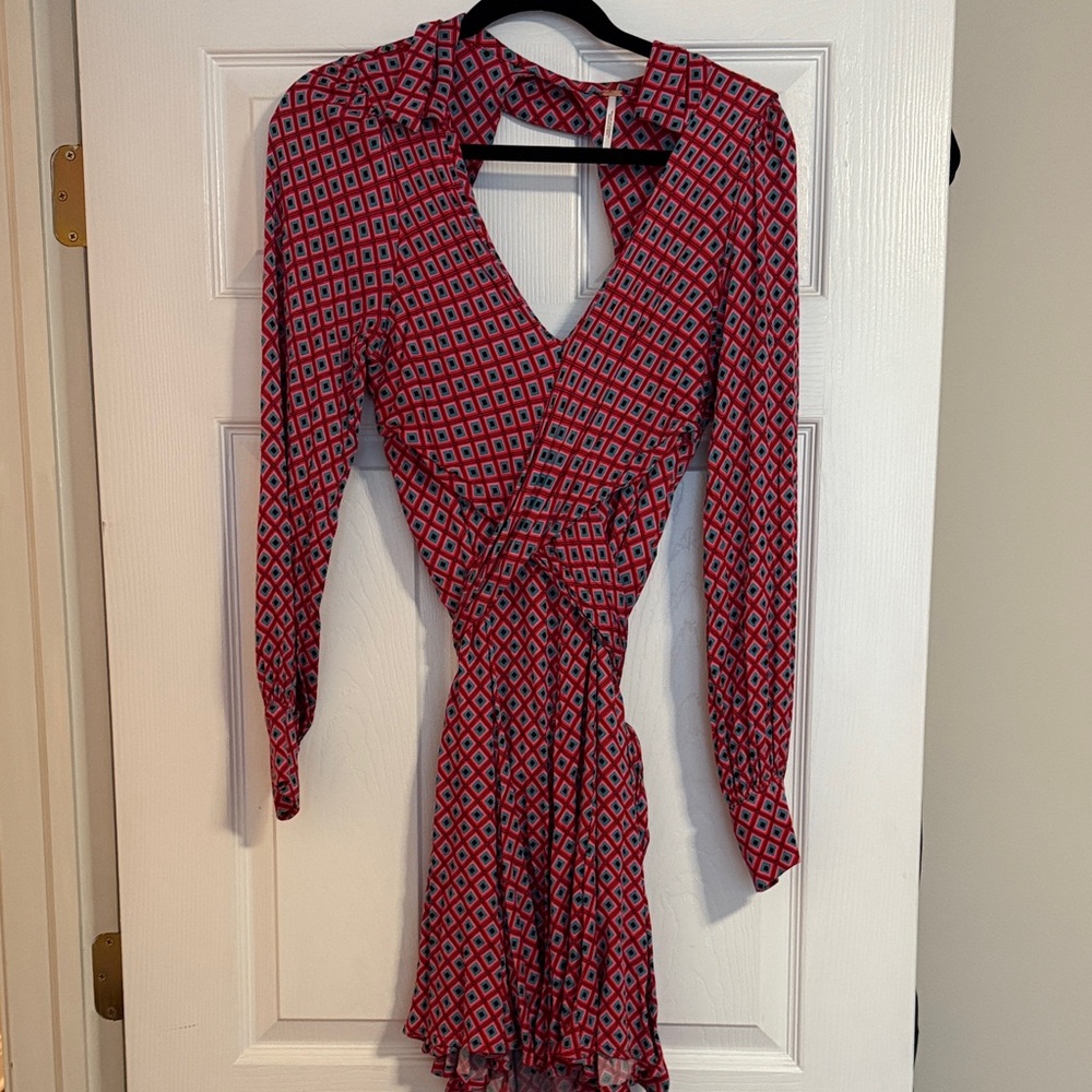 Free People Red and Blue Patterned Long Sleeve Dress